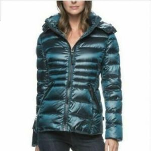 Andrew Marc iridescent down puffer jacket.